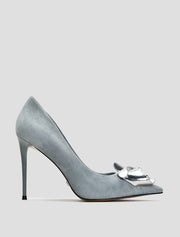 Silver Rose Suede Heels, Dusty Blue
