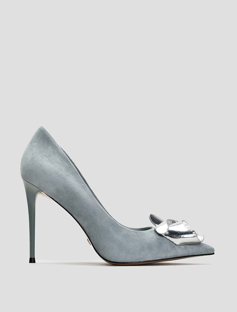 Silver Rose Suede Heels, Dusty Blue