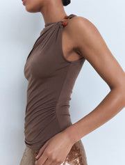 Sleeveless Top with Jewel Detail, Smoky Taupe