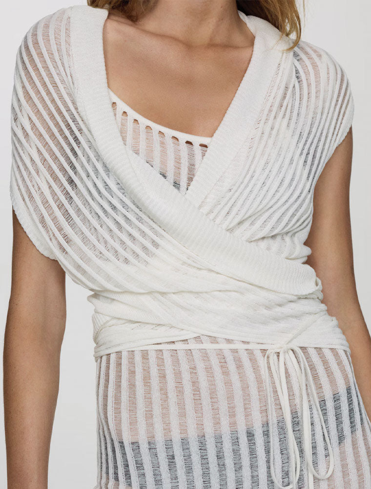 Sleevless Linen Cover-Up with Ties, White