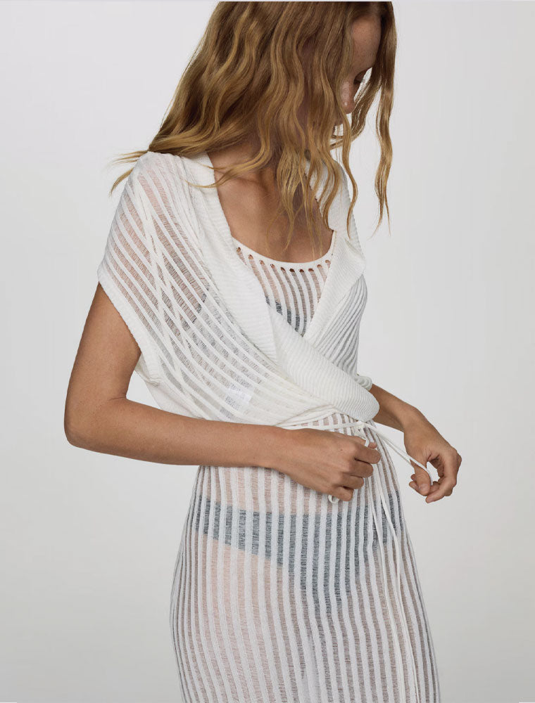 Sleevless Linen Cover-Up with Ties, White