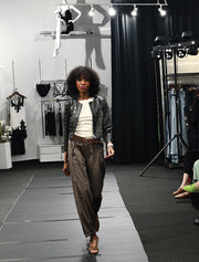Square Mesh Crop Leather Jacket, Espresso