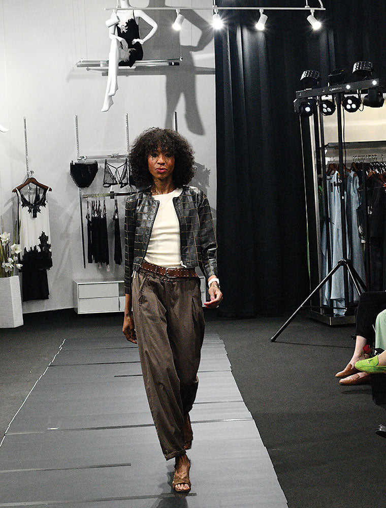 Square Mesh Crop Leather Jacket, Espresso