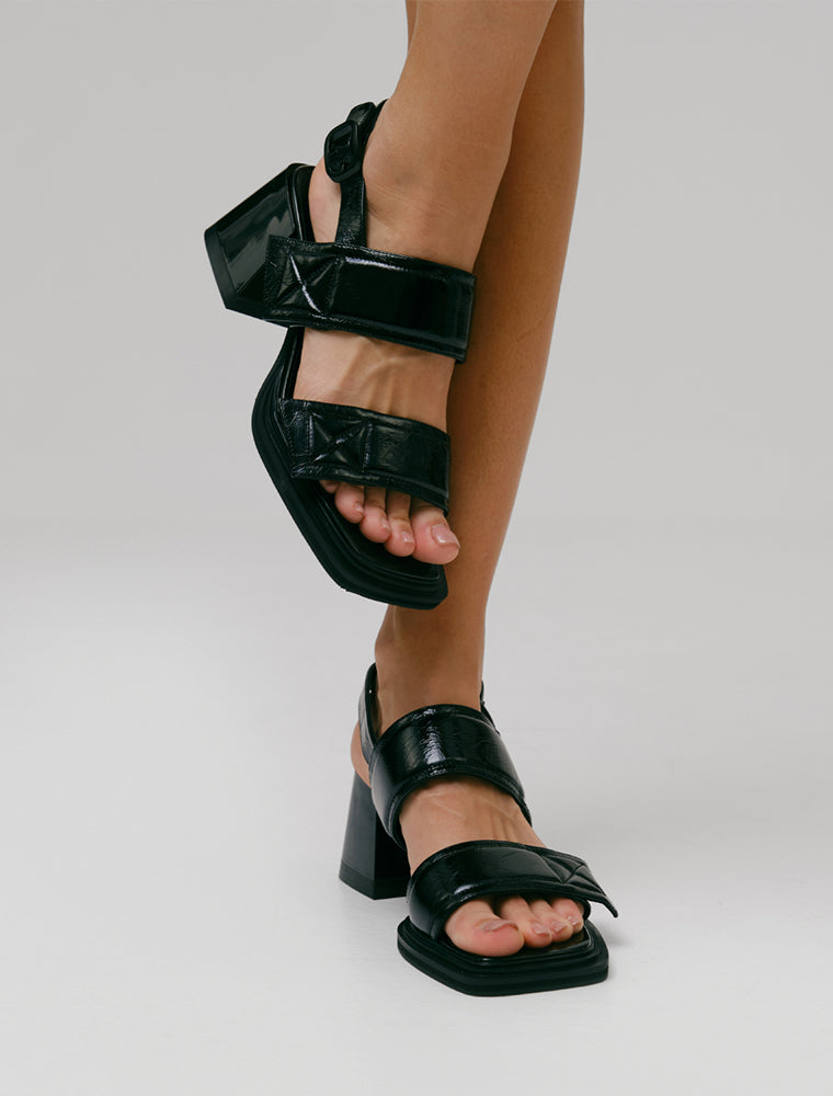 Square Toe Patent Leather Sandals, Black