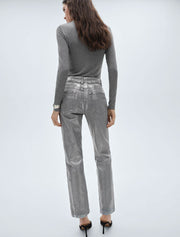 Straight Cut Foil Print Jeans, Silver