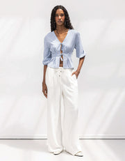 Straight Leg Casual Belted Summer Pants, White
