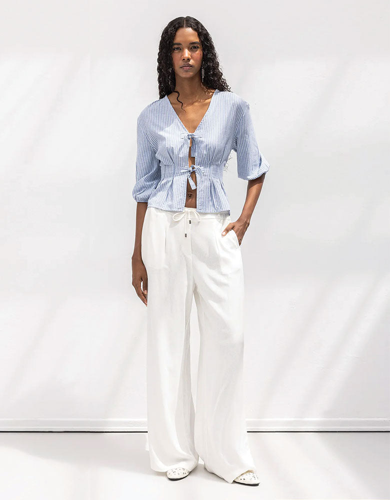 Straight Leg Casual Belted Summer Pants, White