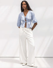 Straight Leg Casual Belted Summer Pants, White