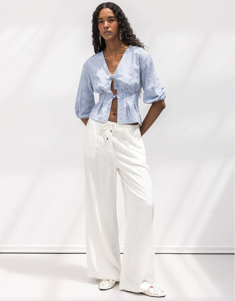 Straight Leg Casual Belted Summer Pants, White