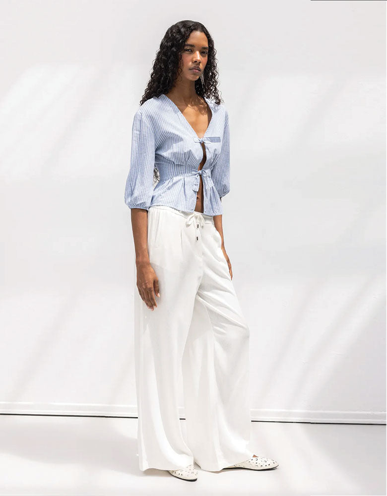 Straight Leg Casual Belted Summer Pants, White