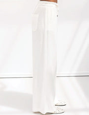 Straight Leg Casual Belted Summer Pants, White