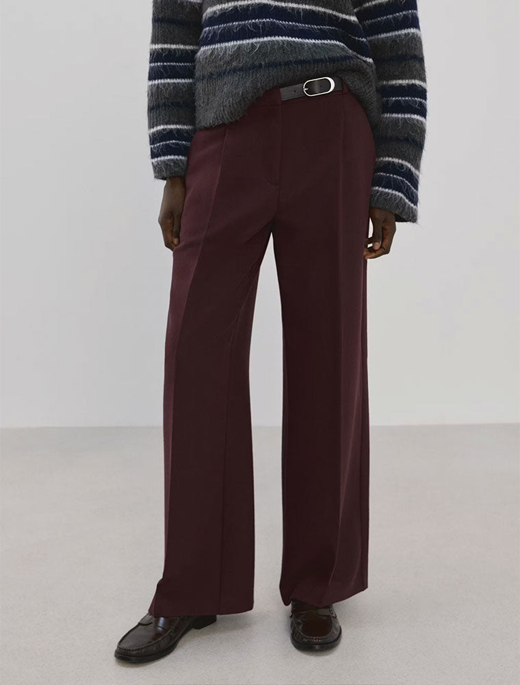 Straight Leg Pant with Leather Detail, Burgundy