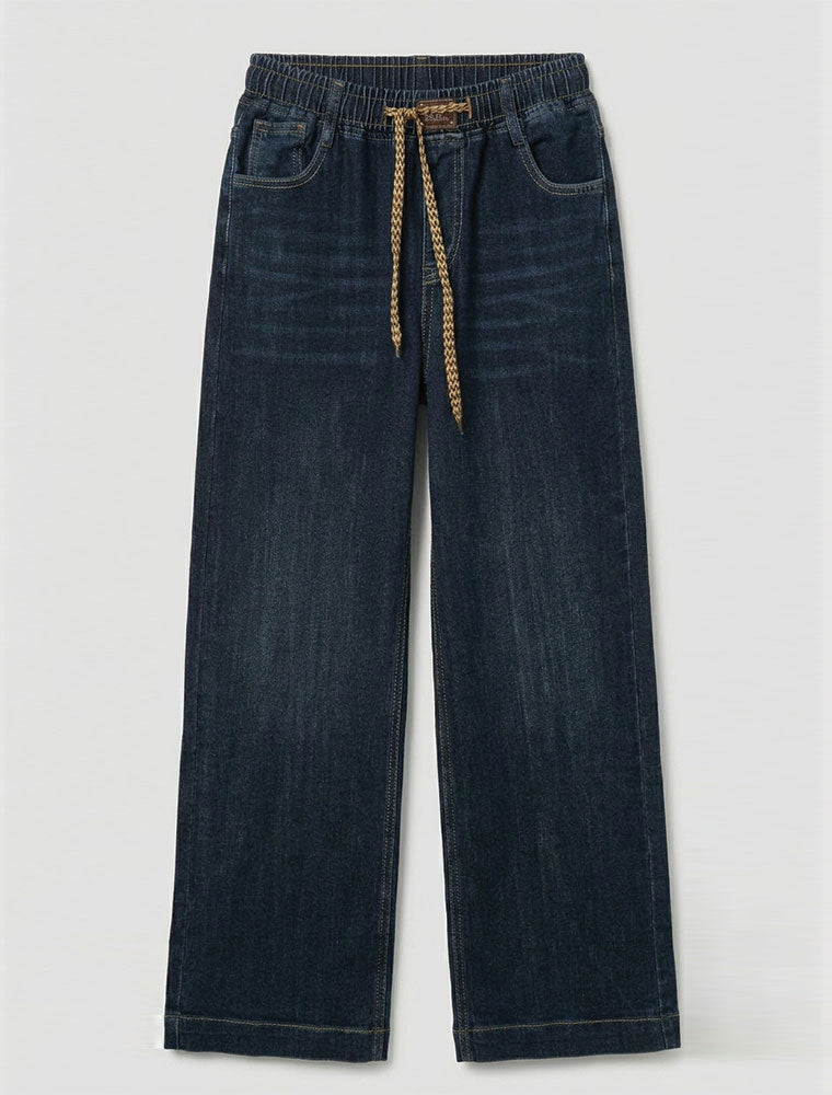 Straight Leg Stretch Denim Pant with Drawstring, Dark Blue