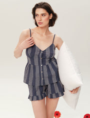 Strappy Ruffle Pajama Set with Shorts, Navy
