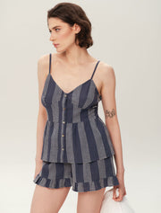 Strappy Ruffle Pajama Set with Shorts, Navy