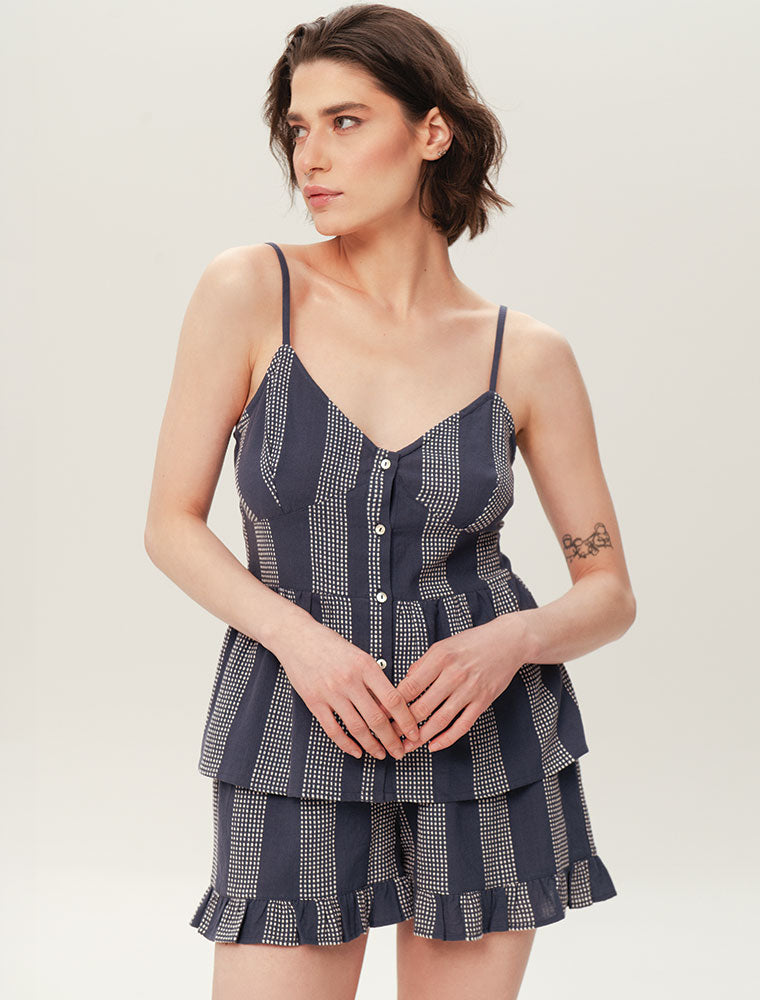 Strappy Ruffle Pajama Set with Shorts, Navy