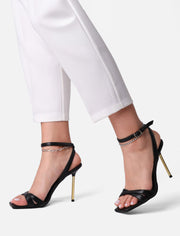 Strappy Gold Metal Heel Sandals, Black