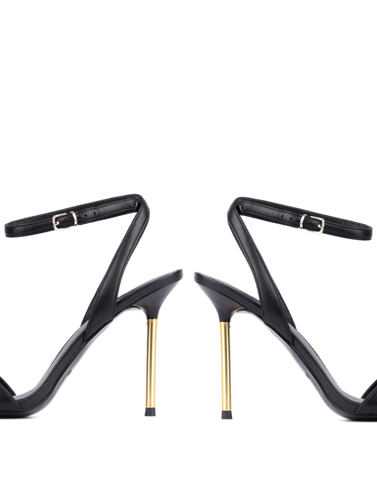Strappy Gold Metal Heel Sandals, Black