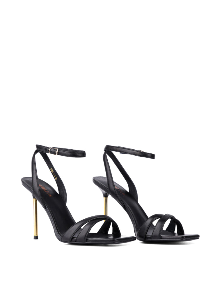 Strappy Gold Metal Heel Sandals, Black