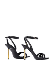 Strappy Gold Metal Heel Sandals, Black