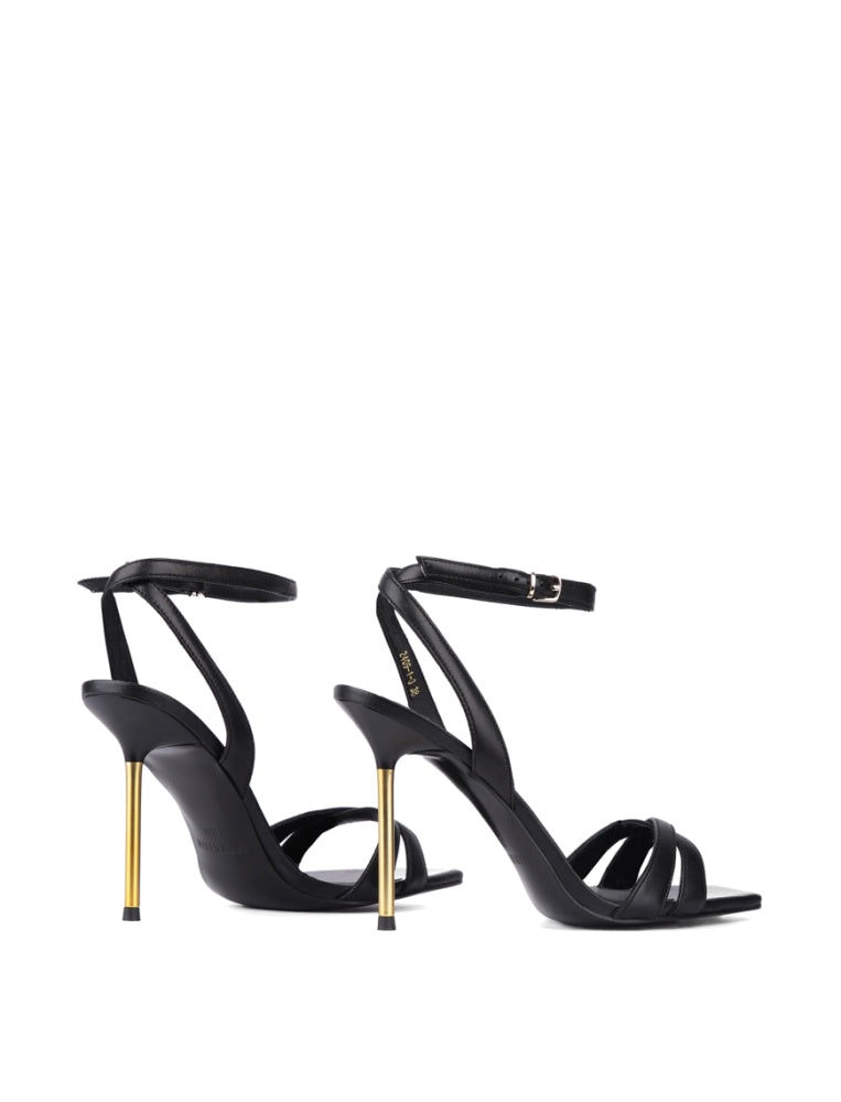 Strappy Gold Metal Heel Sandals, Black