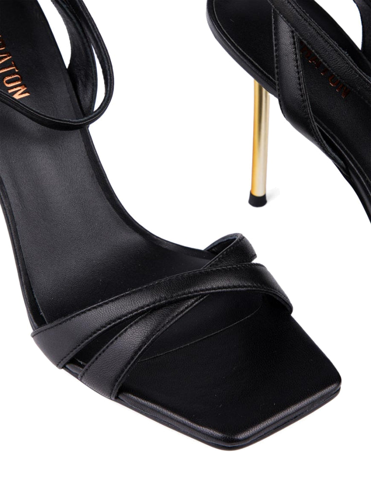 Strappy Gold Metal Heel Sandals, Black