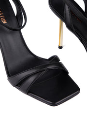 Strappy Gold Metal Heel Sandals, Black
