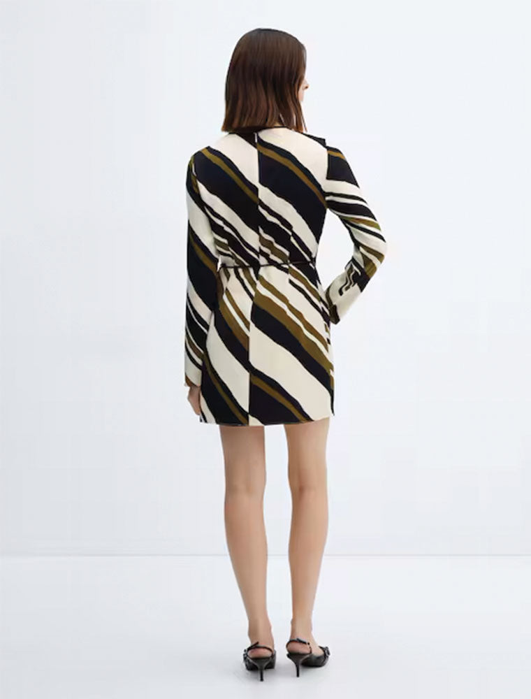 Stripped Mini Dress with Leather Belt, Multicolor