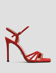 Suede Sandals with Gold Toe Ring Strap, Red
