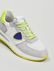 Suede Sneakers with Lime Green Sole, White/Grey
