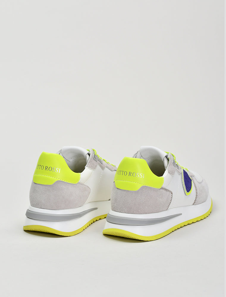 Suede Sneakers with Lime Green Sole, White/Grey