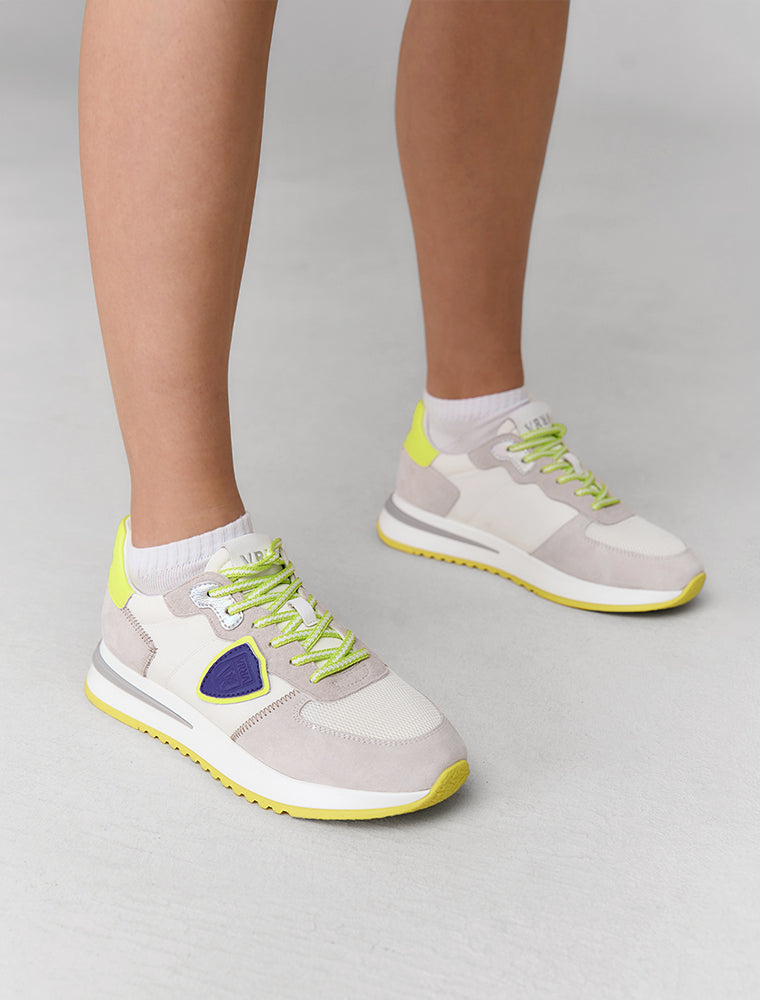 Suede Sneakers with Lime Green Sole, White/Grey