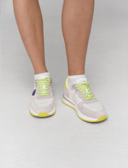 Suede Sneakers with Lime Green Sole, White/Grey