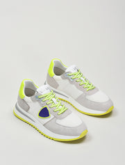 Suede Sneakers with Lime Green Sole, White/Grey