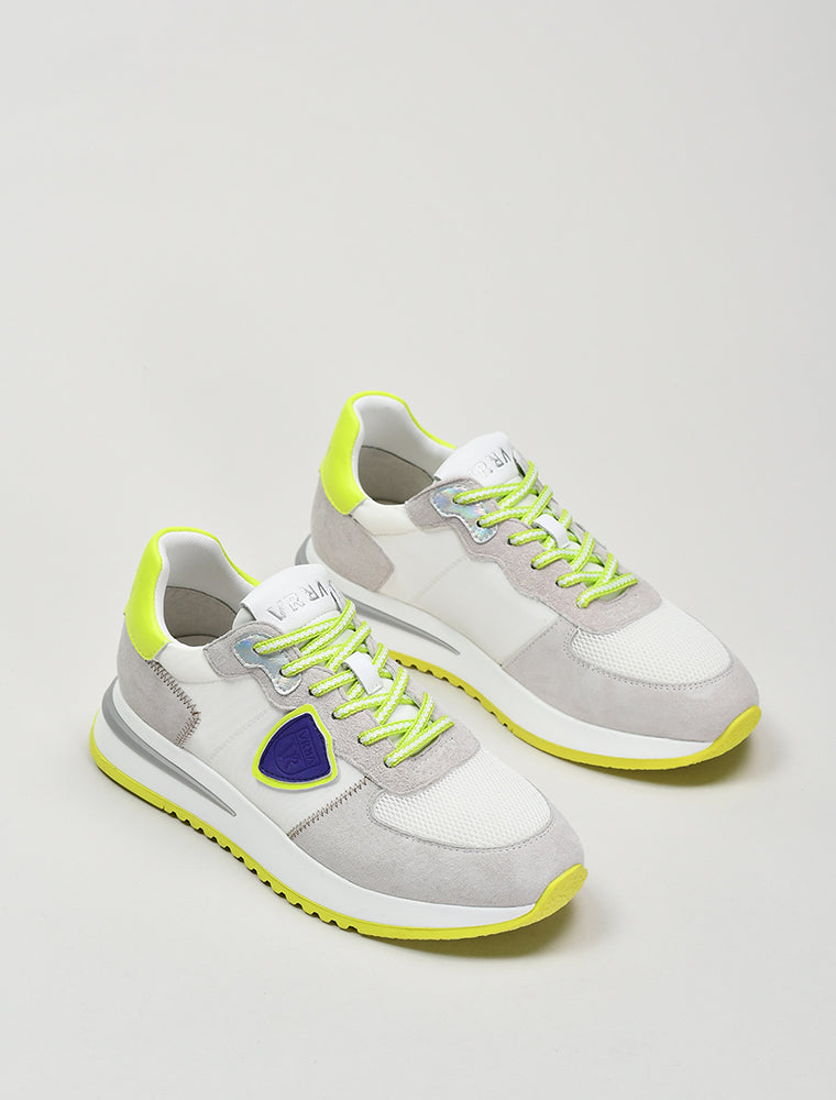 Suede Sneakers with Lime Green Sole, White/Grey