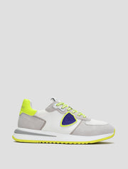 Suede Sneakers with Lime Green Sole, White/Grey