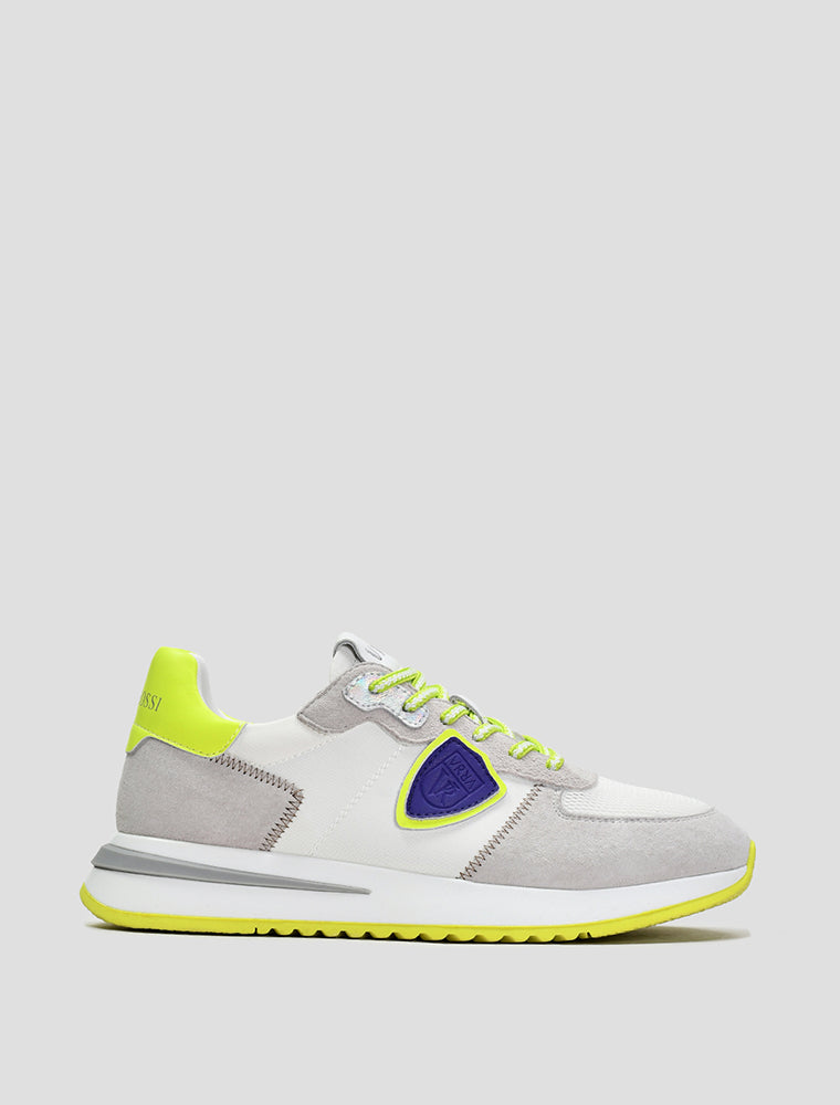 Suede Sneakers with Lime Green Sole, White/Grey