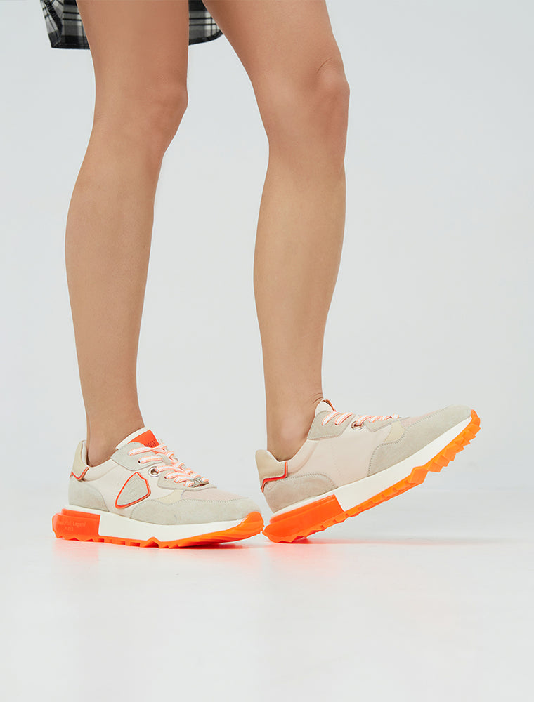 Suede Sneakers with Orange Sole, Beige/Orange