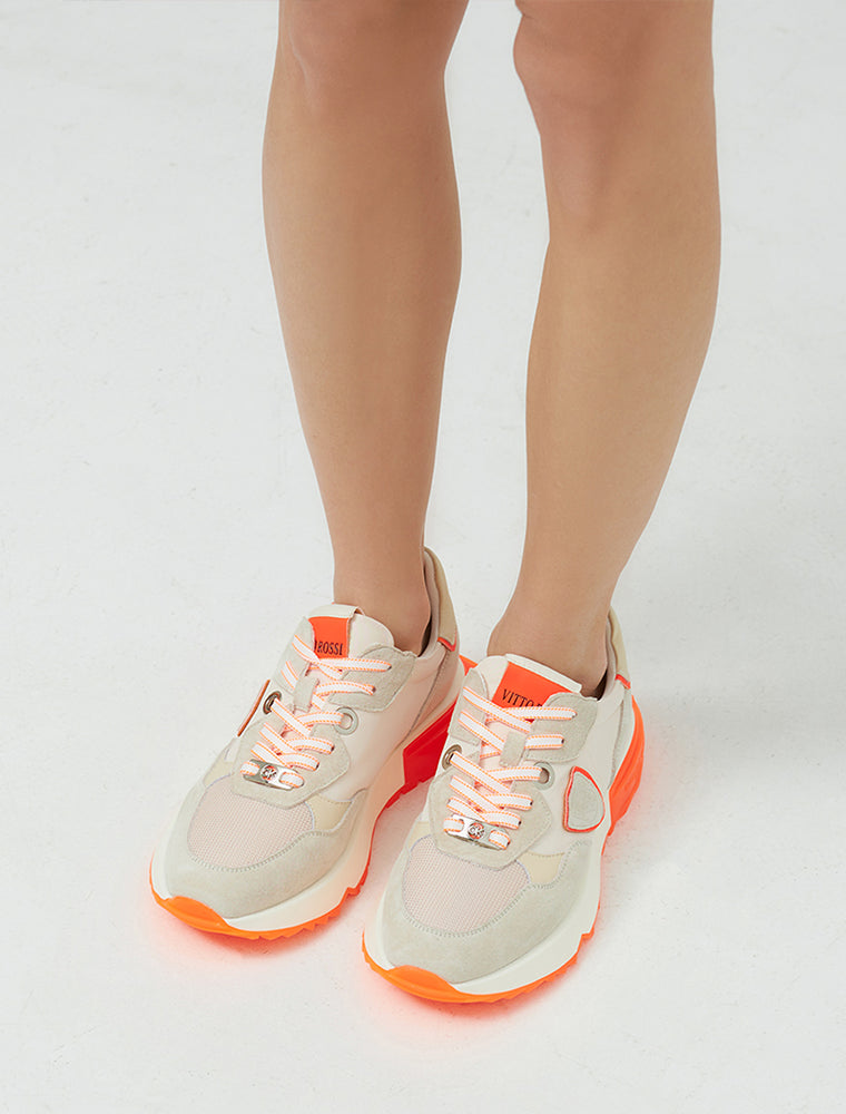 Suede Sneakers with Orange Sole, Beige/Orange
