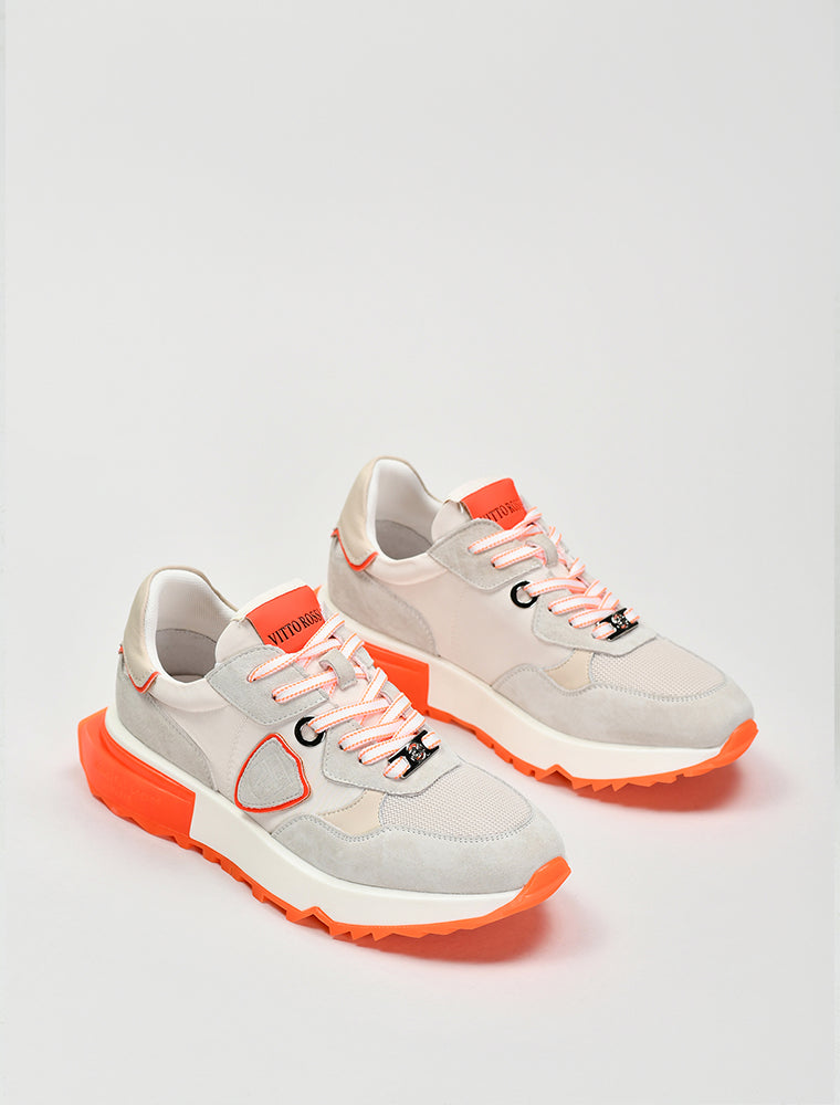 Suede Sneakers with Orange Sole, Beige/Orange