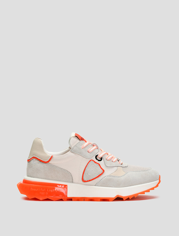 Suede Sneakers with Orange Sole, Beige/Orange