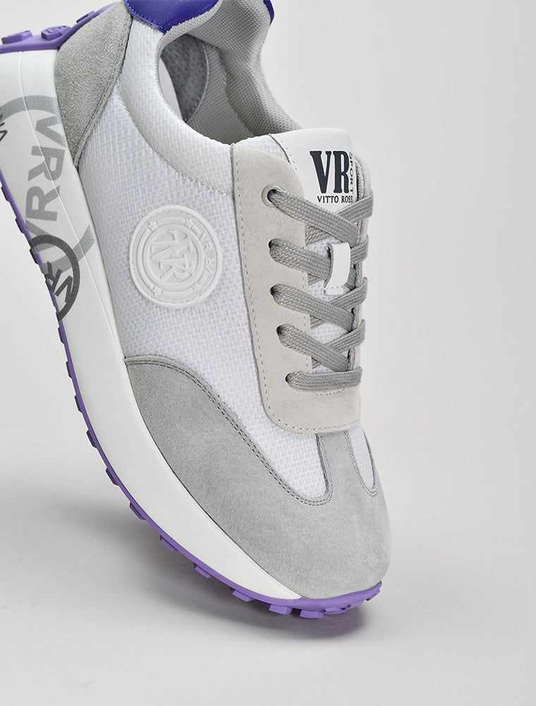 Suede Sneakers with Purple Sole, White/Grey
