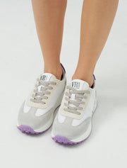 Suede Sneakers with Purple Sole, White/Grey