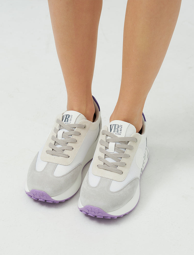 Suede Sneakers with Purple Sole, White/Grey
