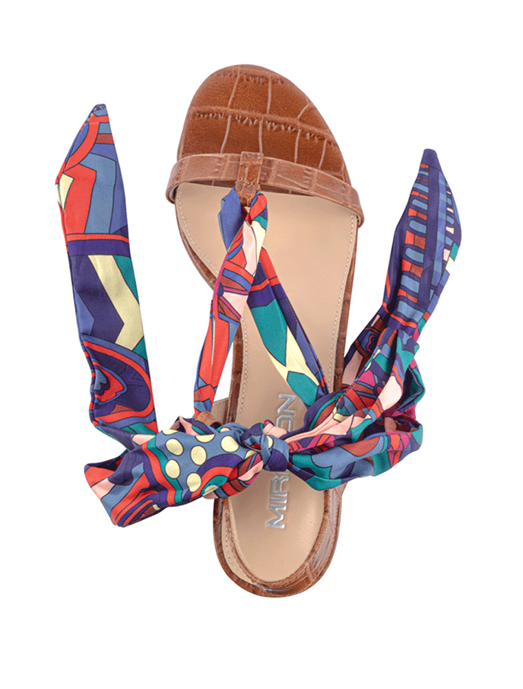 Tie-on Embossed Croc Flat Sandals, Brown