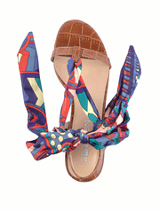 Tie-on Embossed Croc Flat Sandals, Brown