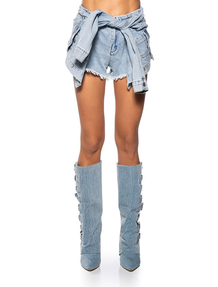 Tied Around Denim Short, Light Blue