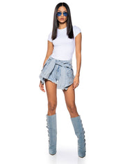 Tied Around Denim Short, Light Blue