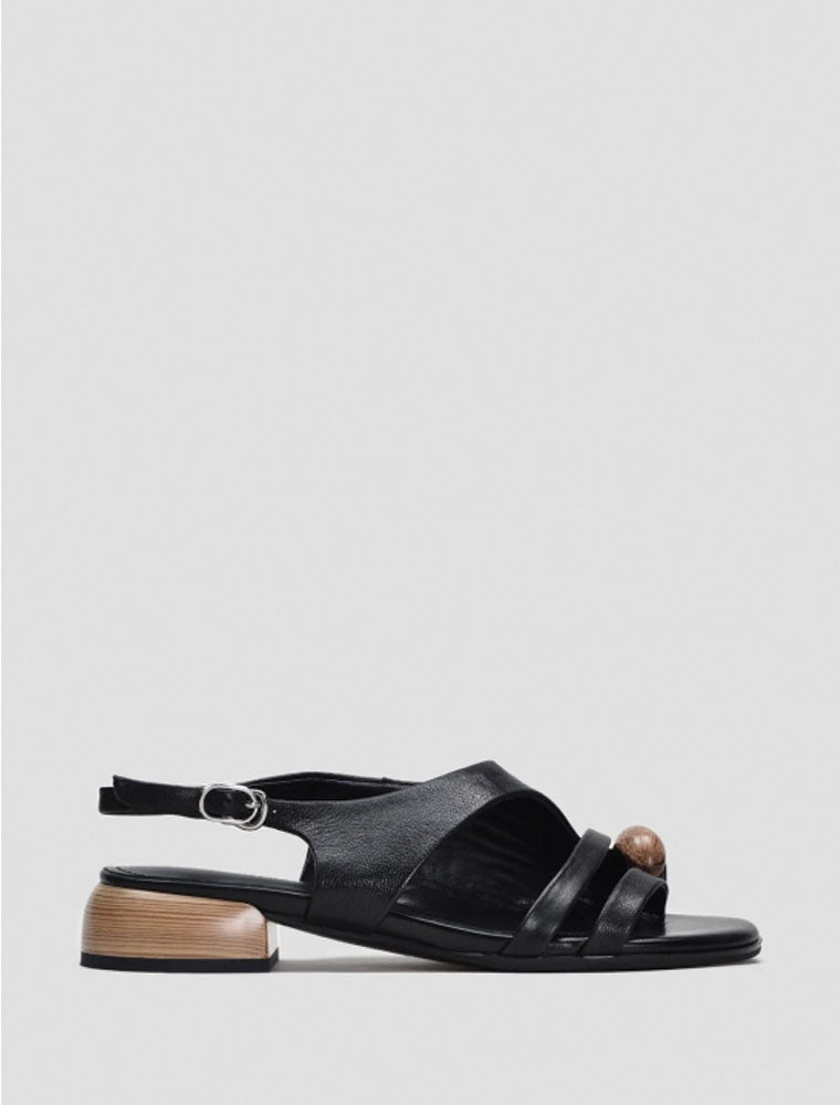 Toe Ring Sandal with Wooden Detail, Black