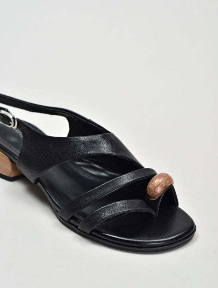 Toe Ring Sandal with Wooden Detail, Black